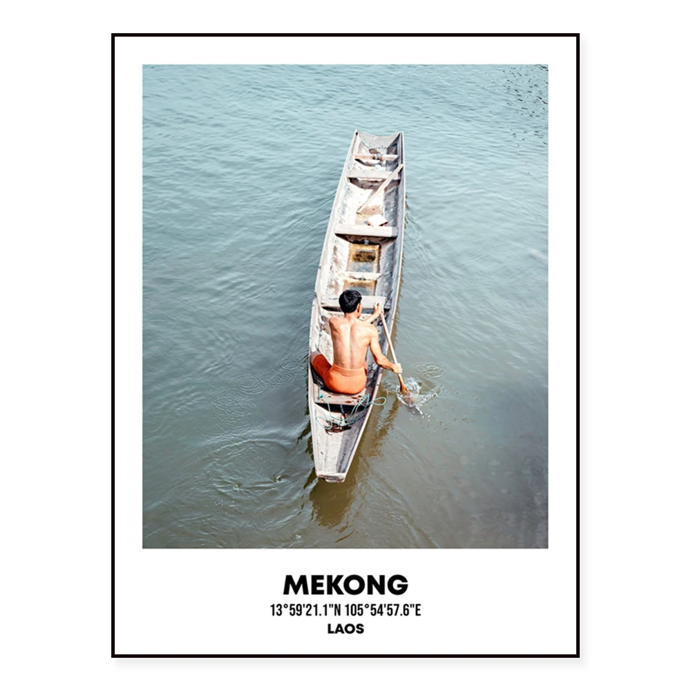 Poster Laos, Luang Prabang Waterfall, Sonnenuntergang über den Mekong-Fluss in Asien, dekoratives Reise-Landschaftsposter mit Leinwanddruck