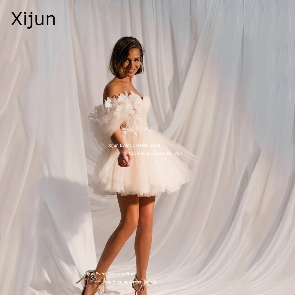 Xijun Elegant Tulle Wedding Dresses Flowers Appliques Sleeves Off The Shoulder Bridal Gowns A-Line Mini Wedding Party Dresses