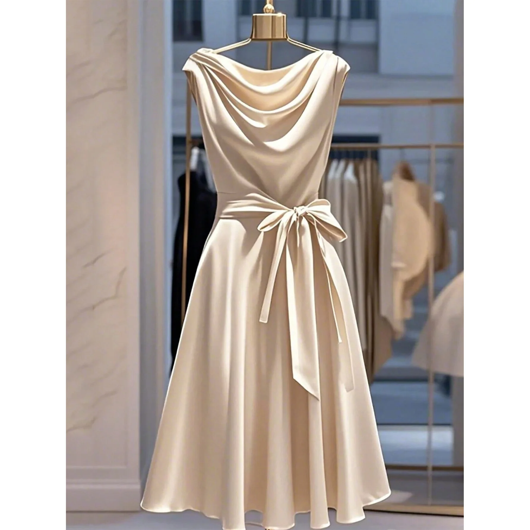 Fashion Sveless Bow Neck Casual Fitted Dress Perfect for Various Occasions A-Line Skirt Neutral Style Spring 2026 No Sleeve