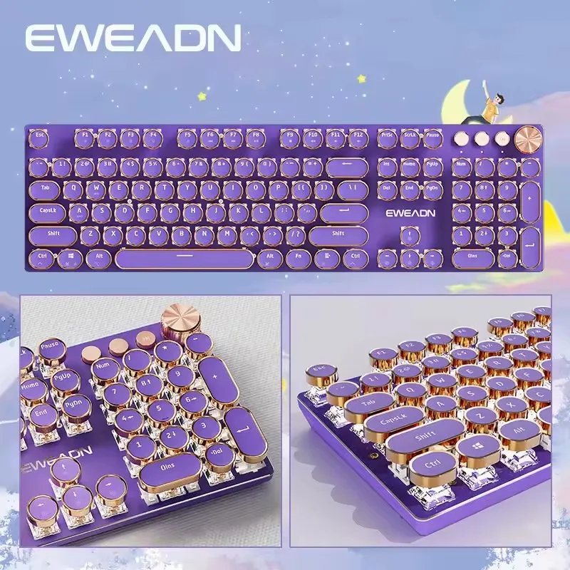 

EWEADN V20 Mechanical Keyboard Retro Punk Typewriter Wireless Tri-model 104Keys Round Keycaps White Backlit Office Computer Mute