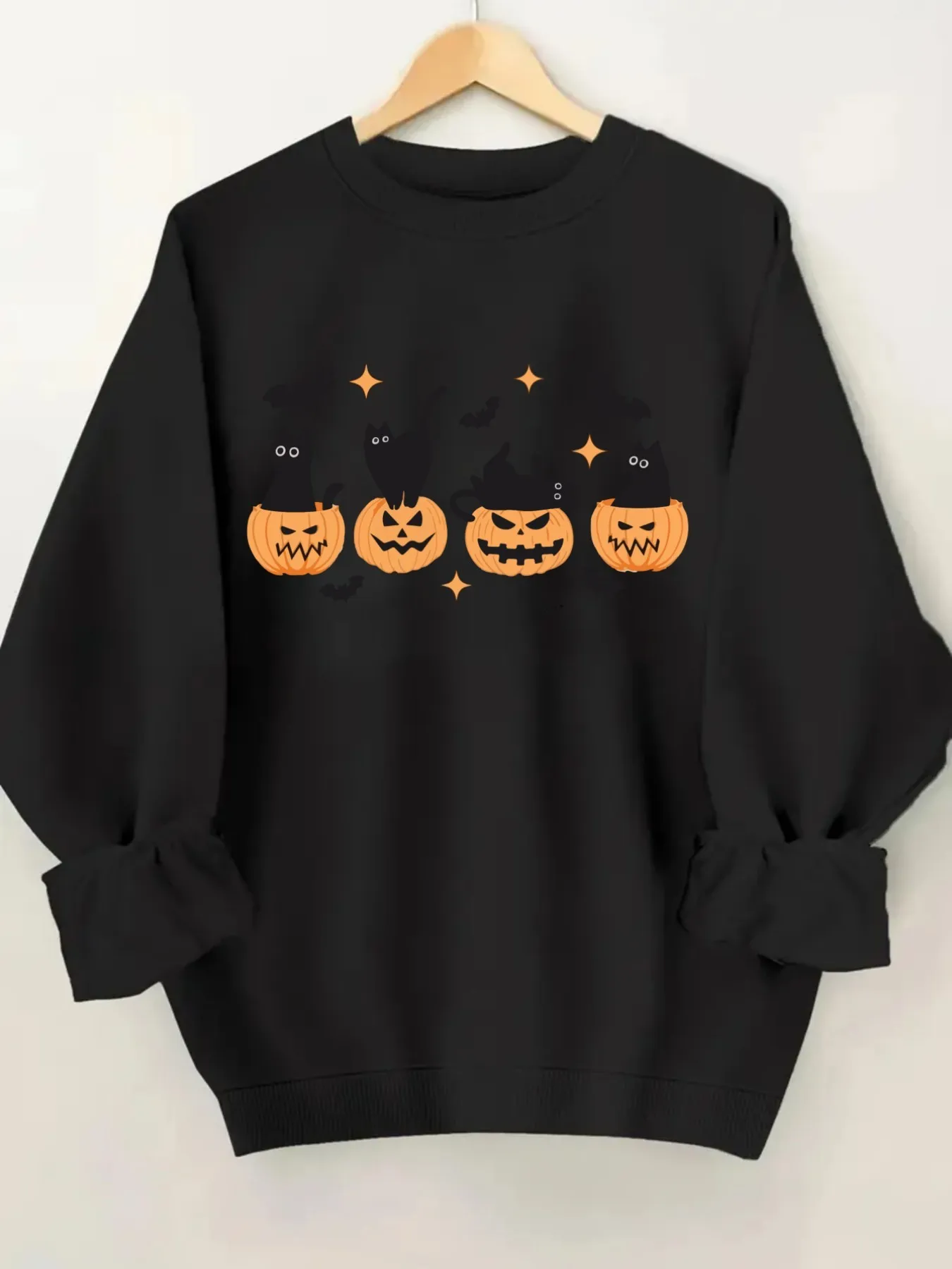 Women's Crewneck Pullover Sweatshirt Halloween Cat Pumpkin Design, Soft Casual Long Sleeve, Daily Casual Top Outfit, Winter Women's Clothing, Halloween Costume Outfit