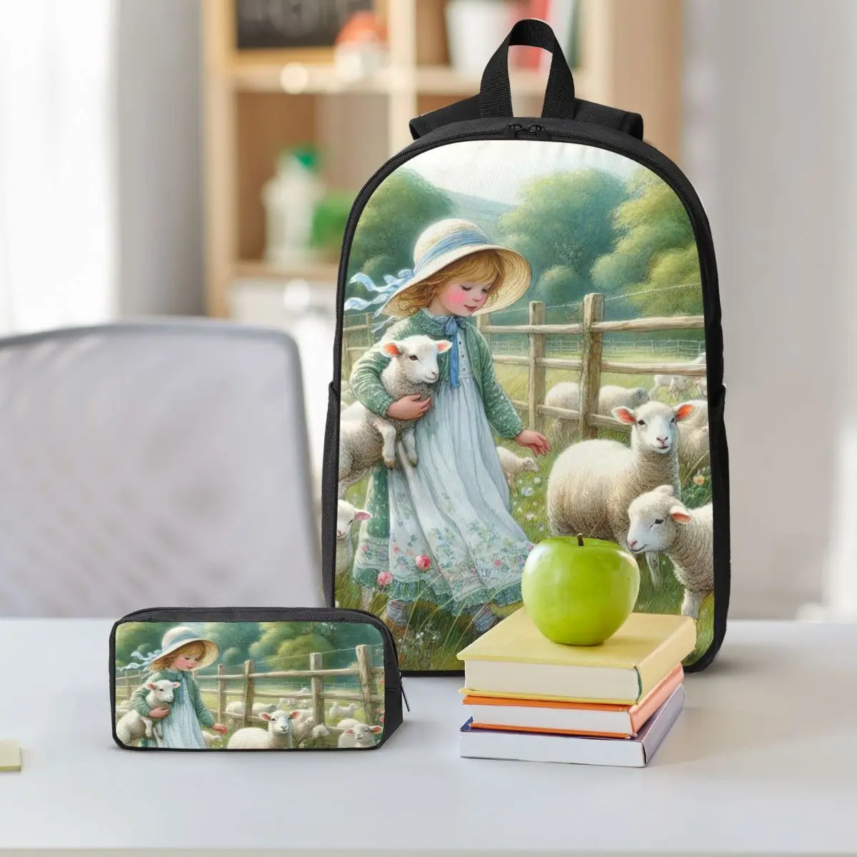 Farm Scene Little Girl And Lamb Backpack Student BookBag School Bag Shoulder Bags 3ps Insulated Lunch Bag Pencil Case