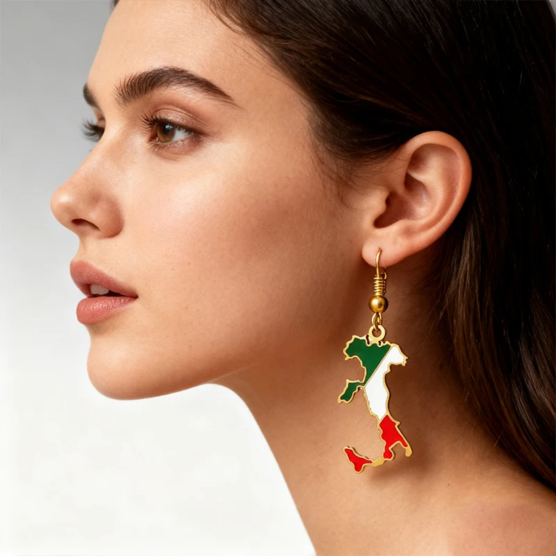 

Stainless Steel Italy Map & Flag Earrings Hypoallergenic National Themed Ear Jewelry for Women Daily & Party Wear