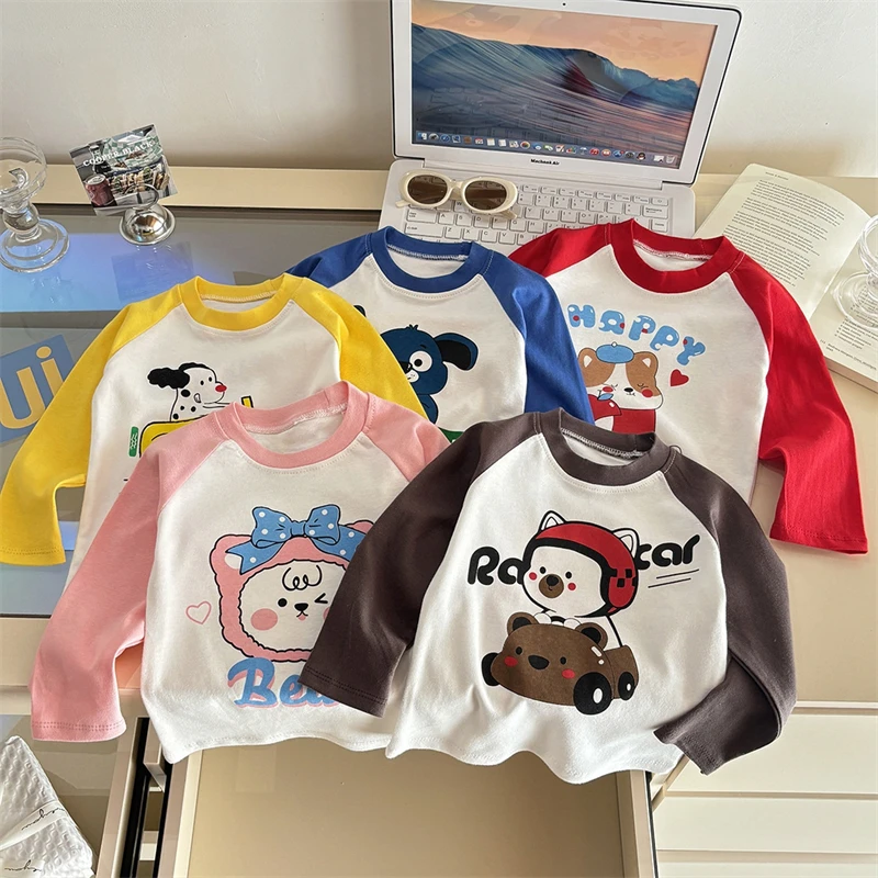 Kawaii Cartoon Print Kids T‑Shirt Toddler Raglan Long Sleeve Color Splice Tees Baby Boys Girls Casual Spring Fall Cotton Tops