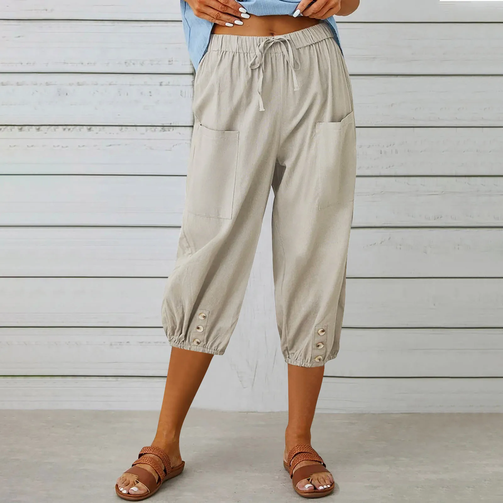 

2024 Vintage Women Elastic High Waisted Loose Tapered Harem Pants With Pockets Casual Cropped Trouser Female Solid Color Bottoms