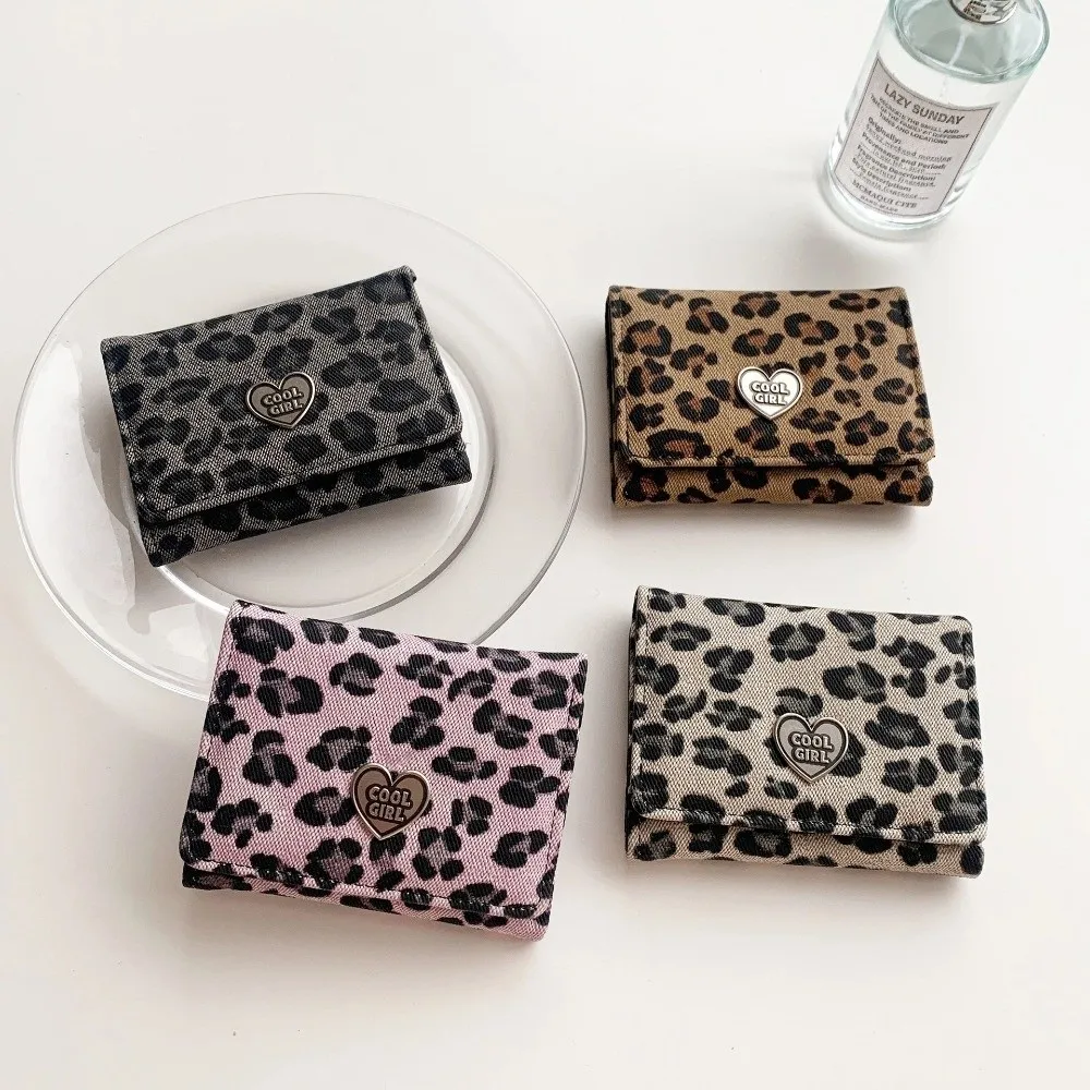 Portable Leopard Print Short Wallet Multiple Card Large Capacity Coin Pouch Korean Style Three-fold Card Bag Women