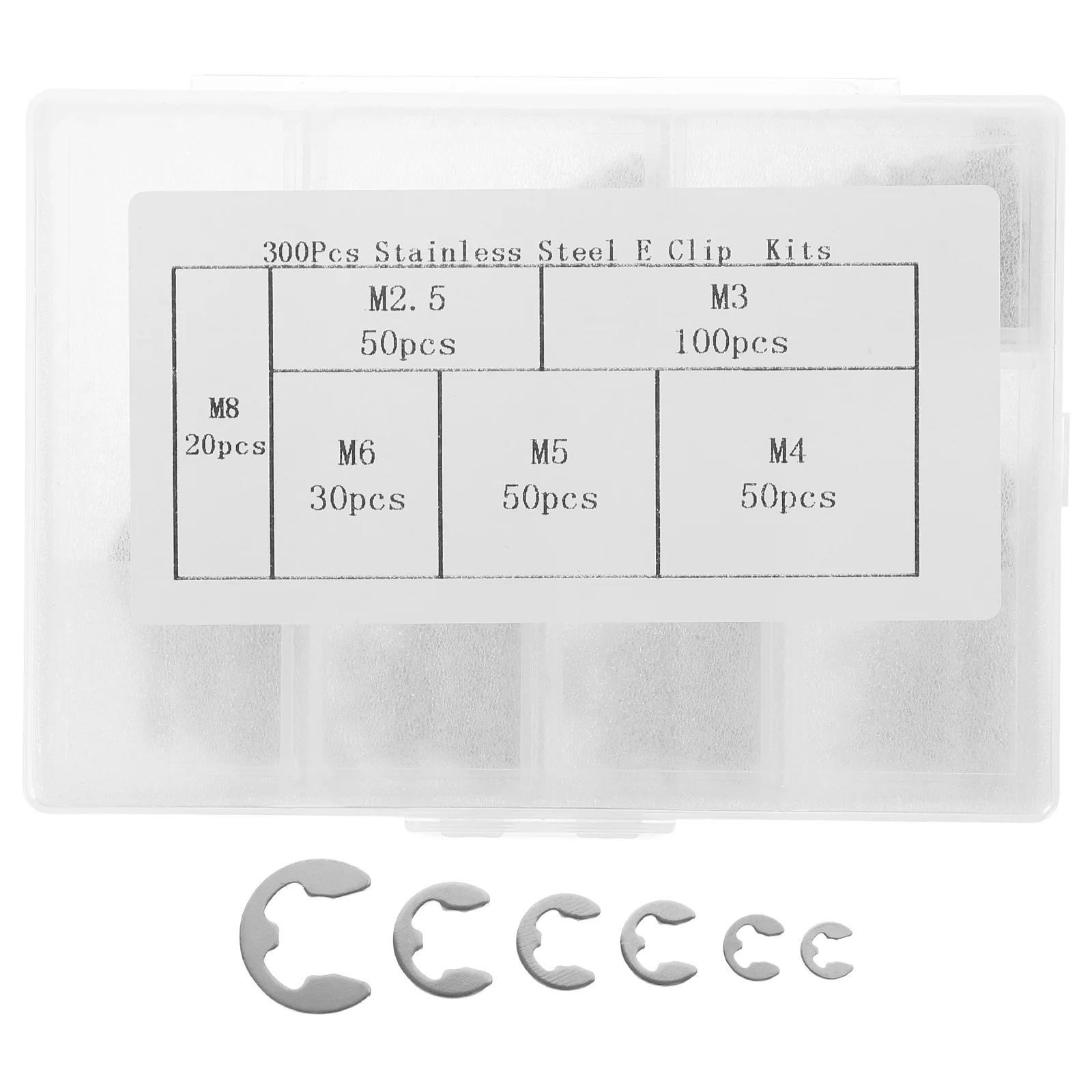 

300 pcs 304 Stainless Steel E-Type Retaining Ring Kit Circlip Assortment Split Washer For Shaft Groove M2.5 M4 M5 M6