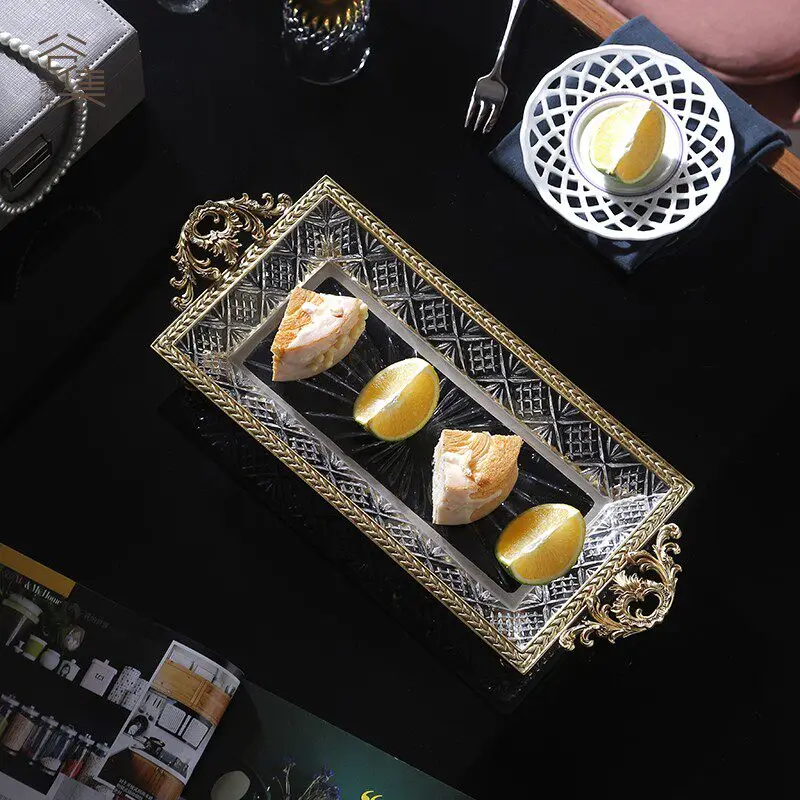 Ht clear crystal glass brass fruit platter - decorative tray for living room, dining room, coffee table, and bathroom