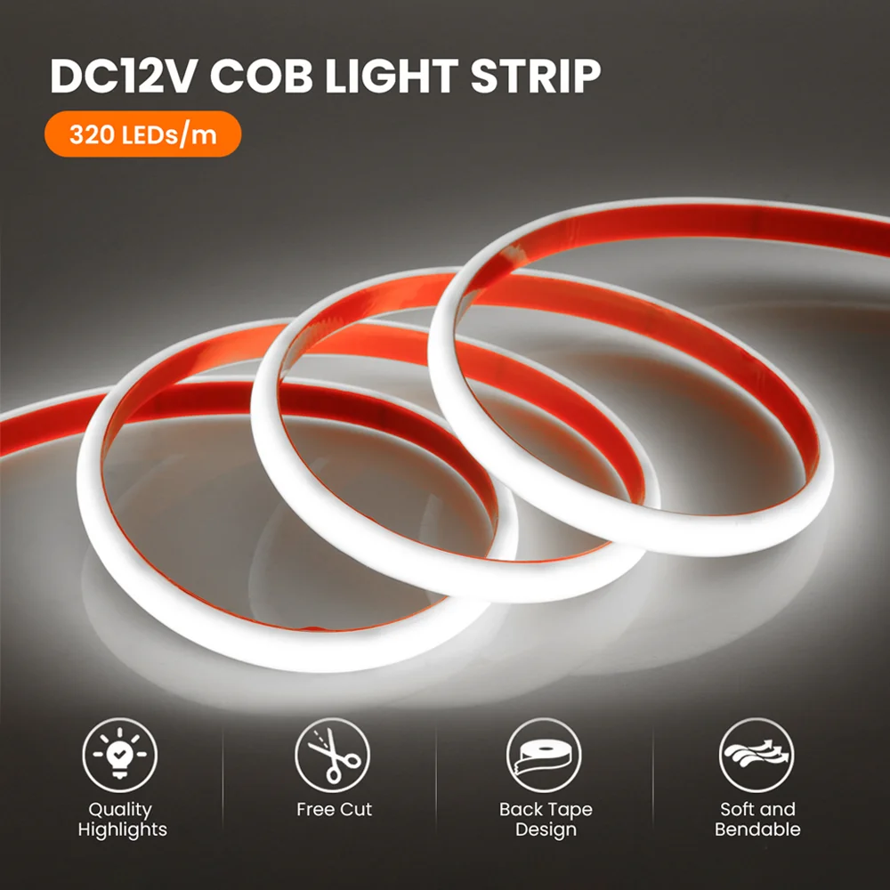 

COB Neon Strip Light DC 12V 24V 320Leds/m IP68 Waterproof Flexible Ribbon LED Tape RA90 High Density Liner Lighting 3000K-6000K