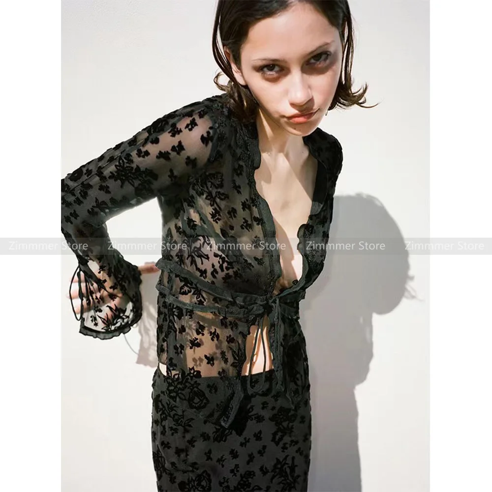 Niche Pure Desire Black Burnt Flower Flocking Semi-Sheer Sexy Little Camisole + Cardigan Top + Fishtail Half Skirt Set