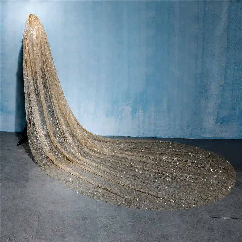 Gold 3Meters Wedding Bridal Veil Long Bride Luxurious Cathedral Veil Train Shiny Bling Bling Veil Sequins Bridal Accessories