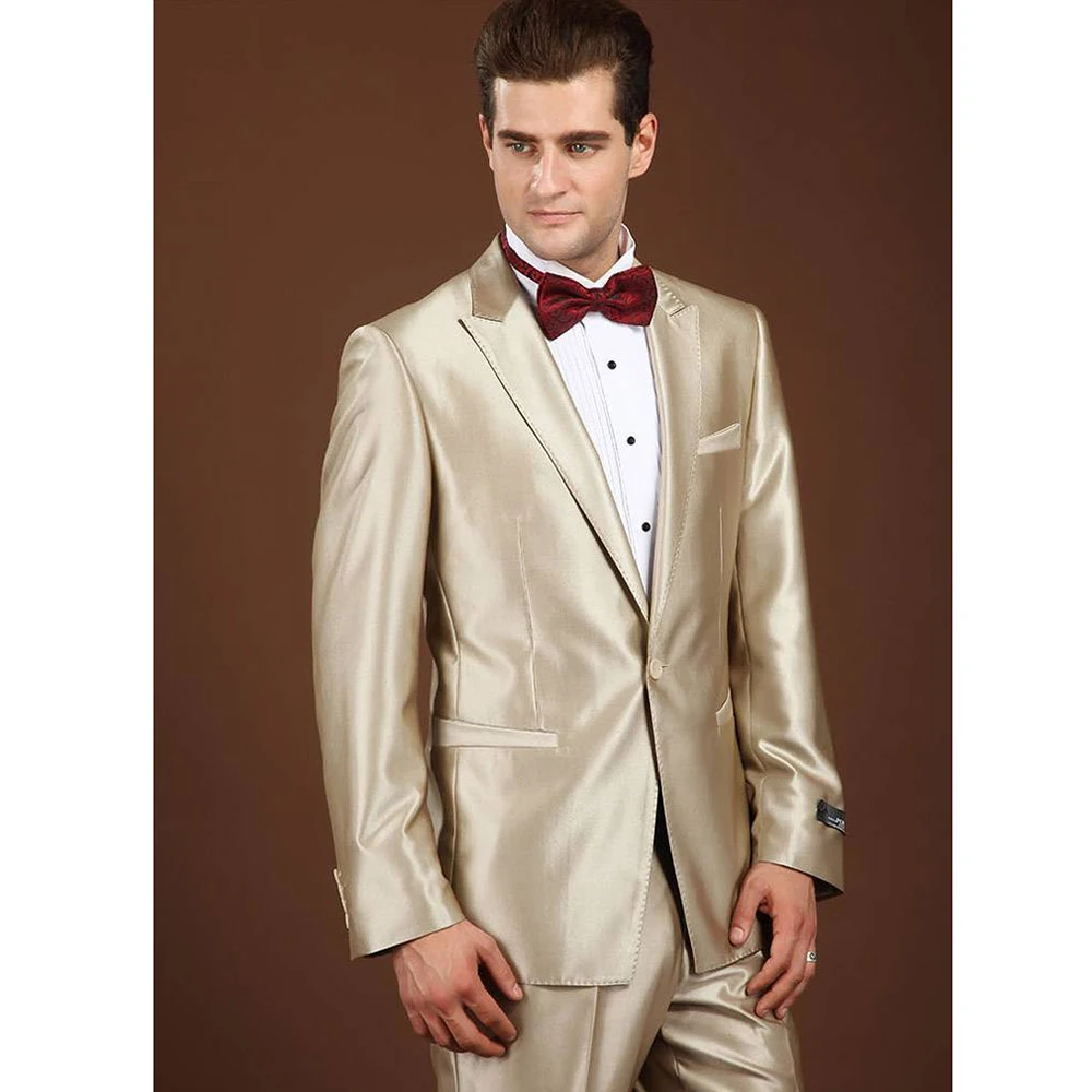 

Summer Fashion Suits for Men Satin Chic Peak Lapel Single Button Blazer with Pants Wedding Party Prom Tuxedo Slim Fit 2 Piece