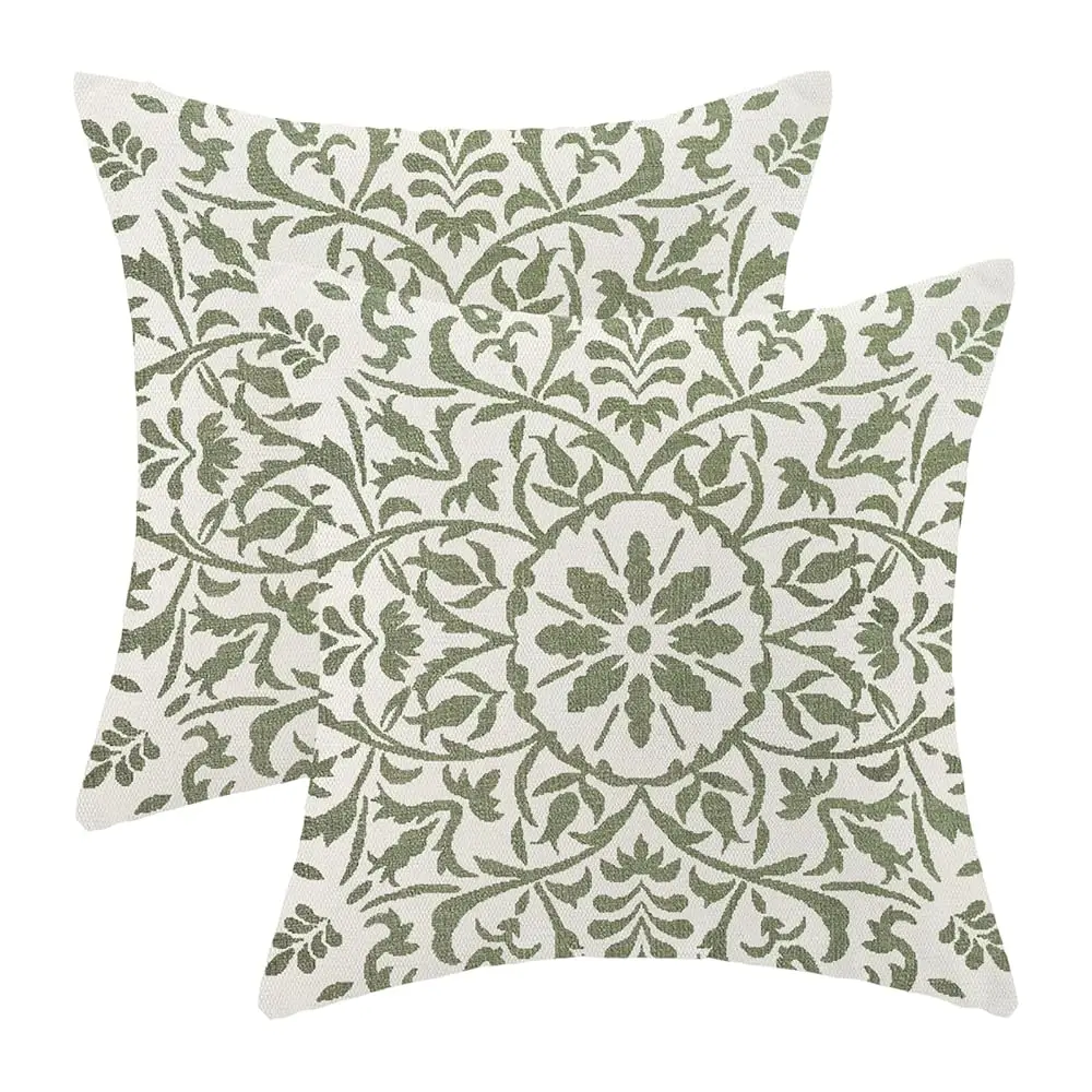 

Boho Floral Pillow Covers 18X18 Set Of 2, Bohemian Green Carpet Pattern Design Decorative Throw Pillows Farmhouse Cushion