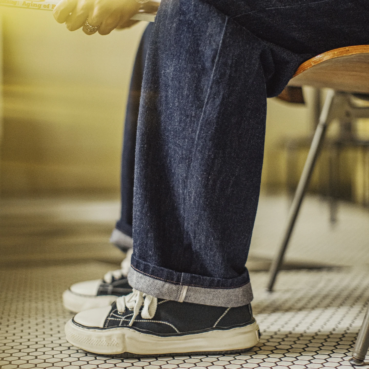 Maden Vintage الرجال 9.7oz سلوب الدينيم الجينز Cinch الظهر مستقيم الساق غسلها السراويل الزرقاء البريدي يطير بناطيل كاجوال لربيع الخريف #4