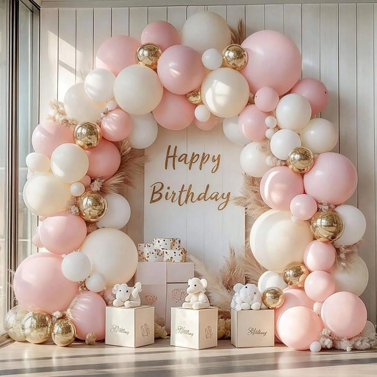 Image of 129-teiliges Rosa, Weißes und Goldenes Latex-Ballon-Girlanden-Set, Geeignet für Hochzeitssaison, Geburtstage, Pop-Partys und Brautpartys