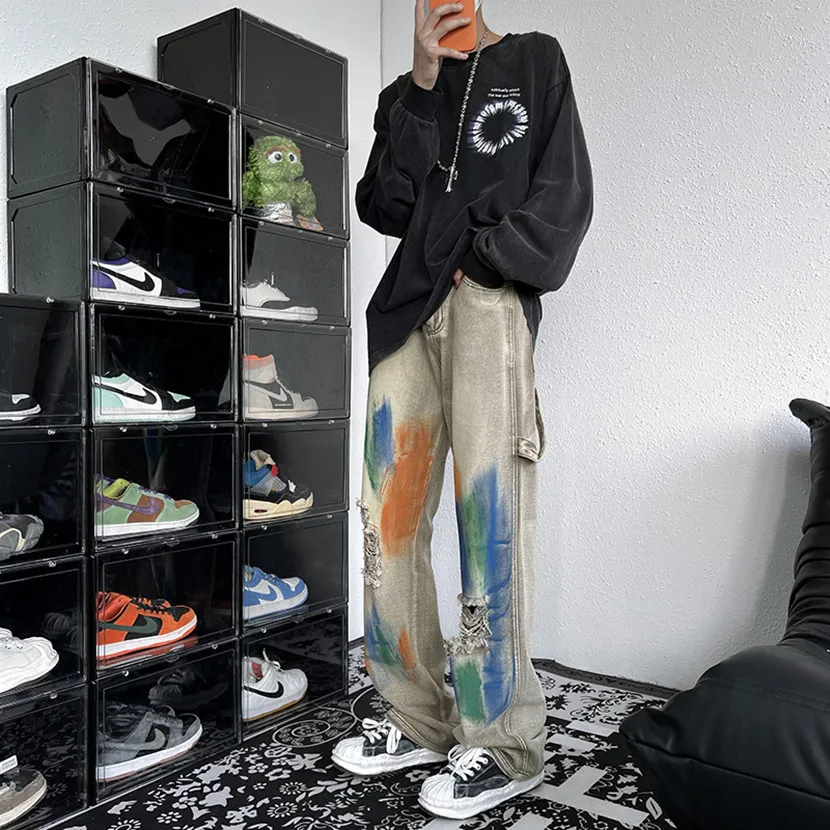 

Рваные свободные мужские джинсы в американском ретро-стиле, модные, для уличной моды, весенне-осенние, прямые, длинные брюки, молодежная одежда