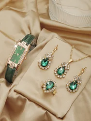 5PCS Set Fashion Women Rectangle Watches Ladies Business Green Leather Quartz Watch Womens Necklace Earrings Bracelet Wristwatch