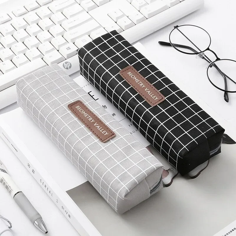 Student Zipper Pencil Bags Large Capacity Canvas Black Gray Checkered Dots School Stationery Boxes Pencil Case