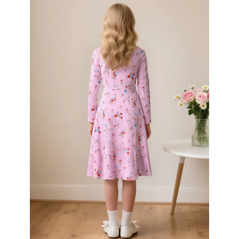 ชุดเดรสแขนยาวลายดอกไม้สีชมพูสำหรับเด็กผู้หญิง 2026 สไตล์เจ้าหญิงหวานหรูหรา