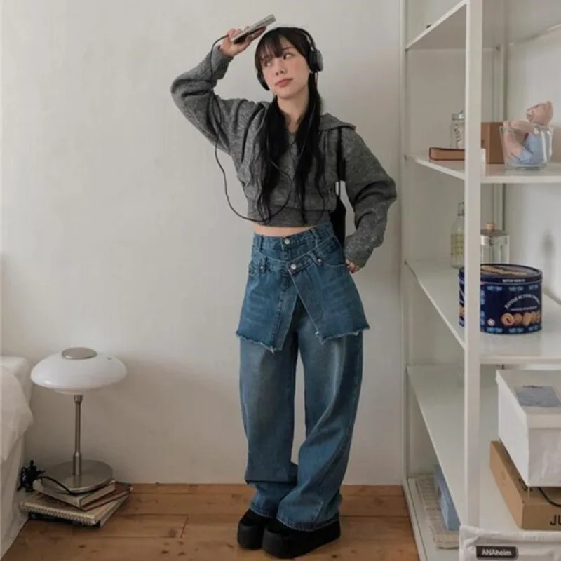 Neploe Fake Two Piece Vintage Denim Blue Pants Y2k High Waist Straight Jeans for Women 2024 Summer New Loose Wide Leg Pants