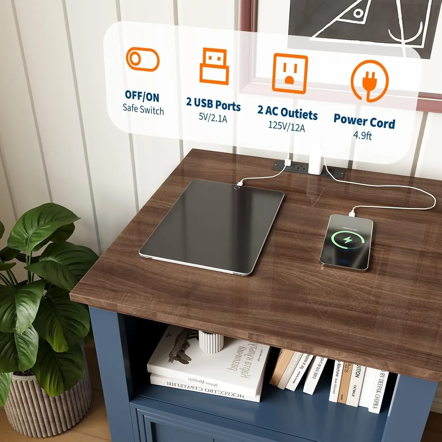 Modern Fluted Nightstand with USB Charging Station, 2 Drawer Side Table with Open Storage Shelf, Wooden Bedside Cabinet for Home