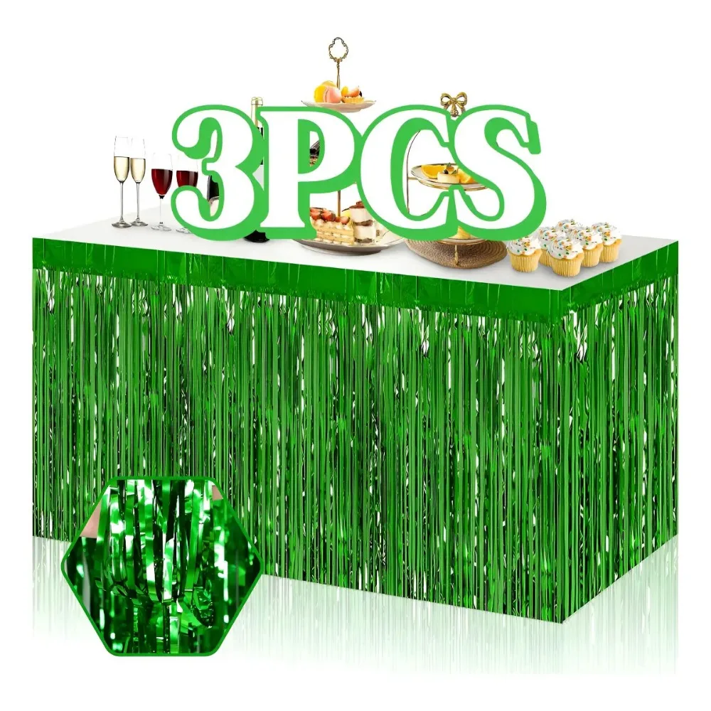 3Pcs 29×108 Inch Green Foil Fringe Table Skirt, Bright Decor for Birthday Wedding Festival Party Table Ornaments