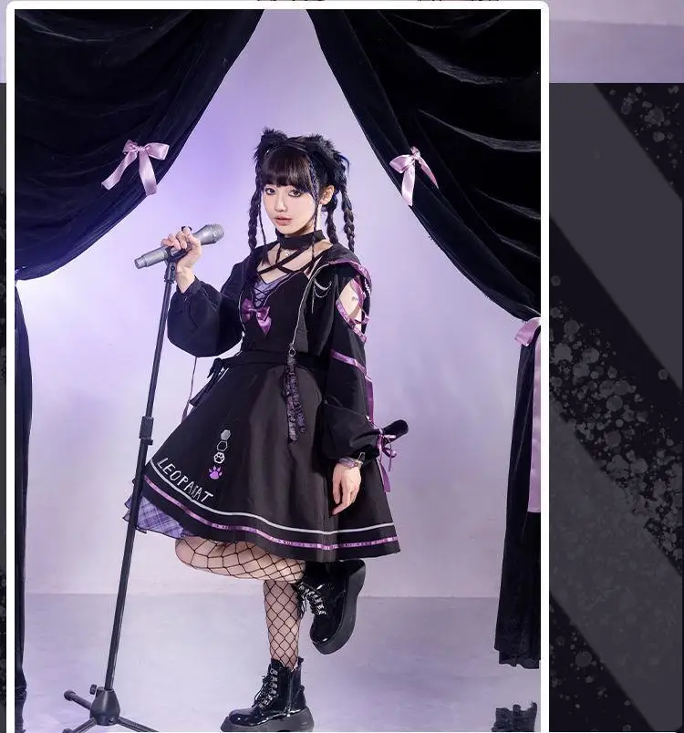 لويتا القط طباعة مجموعة كاملة FS Y2K كوس فستان زي قبالة الكتف مقنعين معطف قصير الربط اللون Jsk الحمالات توتو فستان الصيف