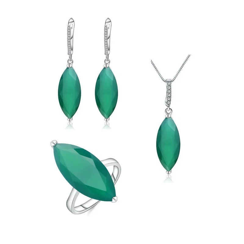 

Luxury brand genuine real jewels S925 Silver Inlaid Green Agate Ring Necklace Earrings Three Piece of Natural Color Jewelry Set