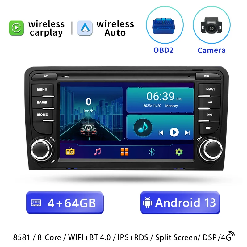 7'2 DIN draadloze CarPlay Android 14 autoradio voor Audi A3 8P 8L S3 RS3 8E/8H S4/B5 B7 2003-2012 Sportback Seat Exeo Multimedia GPS navigatiescherm stereo Wifi 4G 128GB