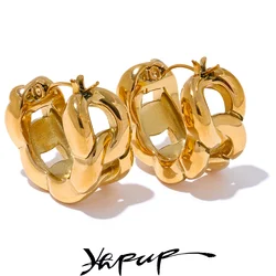Yhpup 316L Stainless Steel Chain Geometric Hollow Cast Hoop Earrings Waterproof Gold Color Texture Statement Jewelry Bijoux Gift