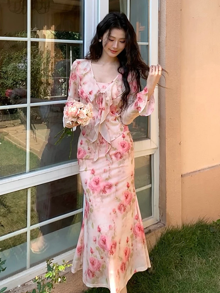 Women Vacation Clothes Sweet Floral Print 2 Piece Outfit Sexy Sling Slim Dress And Ruffled Tops Coat Set Suits Casual Autumn New