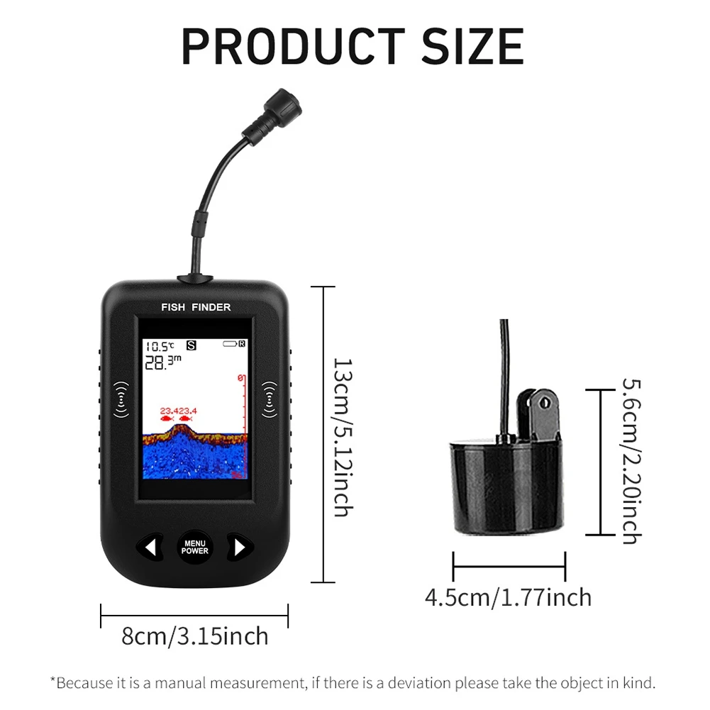 Portable Fish Finder Water Depth Sounder Temperature Fishfinder with Wire Sonar Sensor Transducer for Fishing Black HGC