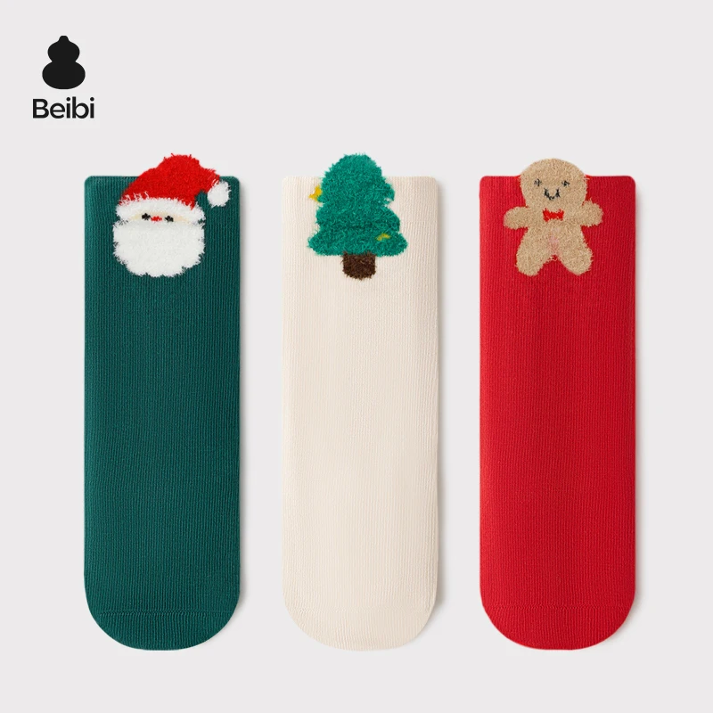 

Beibi 3-Pair Pack Unisex kid's Socks Christmas Collection Mid-Calf Socks Suitable for Spring, Autumn, and Winter For Ages 0-6