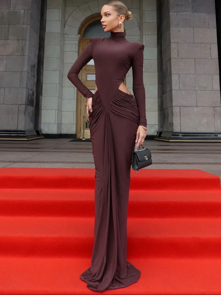 Articat elegante manga longa oco para fora elástico apertado vestido longo feminino sexy magro festa clube vestido de noite outono novo vestidos2025