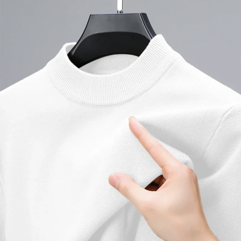 Sweter Rajut Setengah Turtleneck Kaus Leher Tiruan Musim Gugur/Musim Dingin Baru Pulover Warna Solid Pakaian Pria Kasual Merek Pria