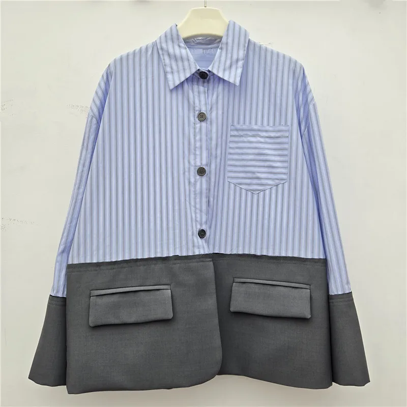 

SuperAen Korean Style 2025 Autumn New Lapel Collar Single-breasted Striped Patchwork Long-sleeved Shirt Casual Shirts