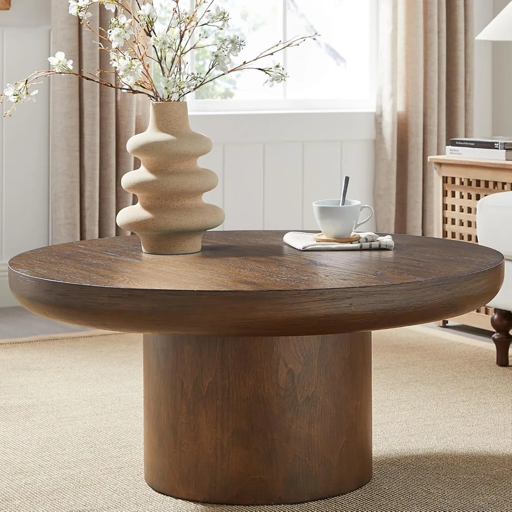 

Round Coffee Table Wood for Living Room Large Modern Solid Wooden Drum Mid-Century Sofa Side Coffee