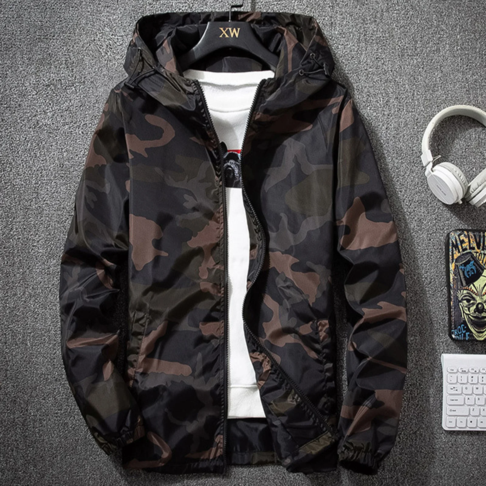 Men Camouflage Printed Hooded Jackets Outerwear Long Sleeve Elastic Cuffs Zipper Pockets Baseball Coat for Hiking Cycling Daily