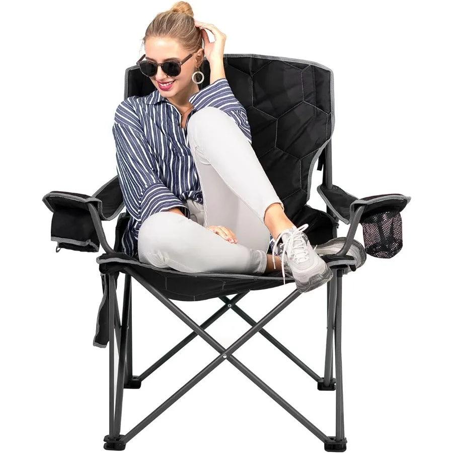 

Oversized Folding Camping Chair 500 LBS Heavy Duty Lawn Chairs with Black Portable Folding with Armrest Cup Holder Pocket Bag f