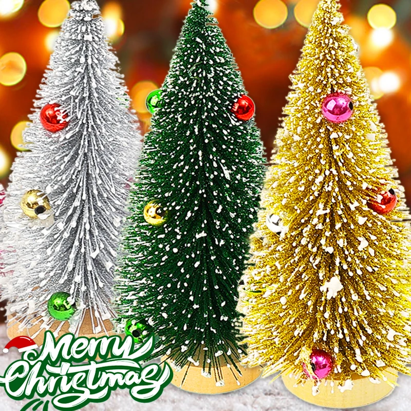 1/3PCS Mini Christmas Tree Ornaments Silver Gold Green Artificial Xmas Tree with Wooden Base DIY Home Party Desktop Miniatures