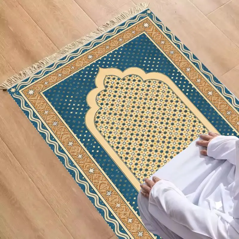 VIKAMA Vintage Teal and Blue Gilded Checkered Fringed Prayer Rug, Lightweight and Portable Islamic Prayer Mat, Home Decor