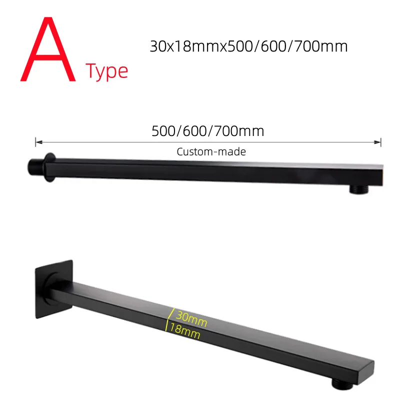 Imagem -02 - Braço de Chuveiro Montado na Parede Preto Chuveiro Estendido do Banheiro Haste Quadrada Acessórios de Tubo 50 cm 60 cm 70cm Aço Inoxidável