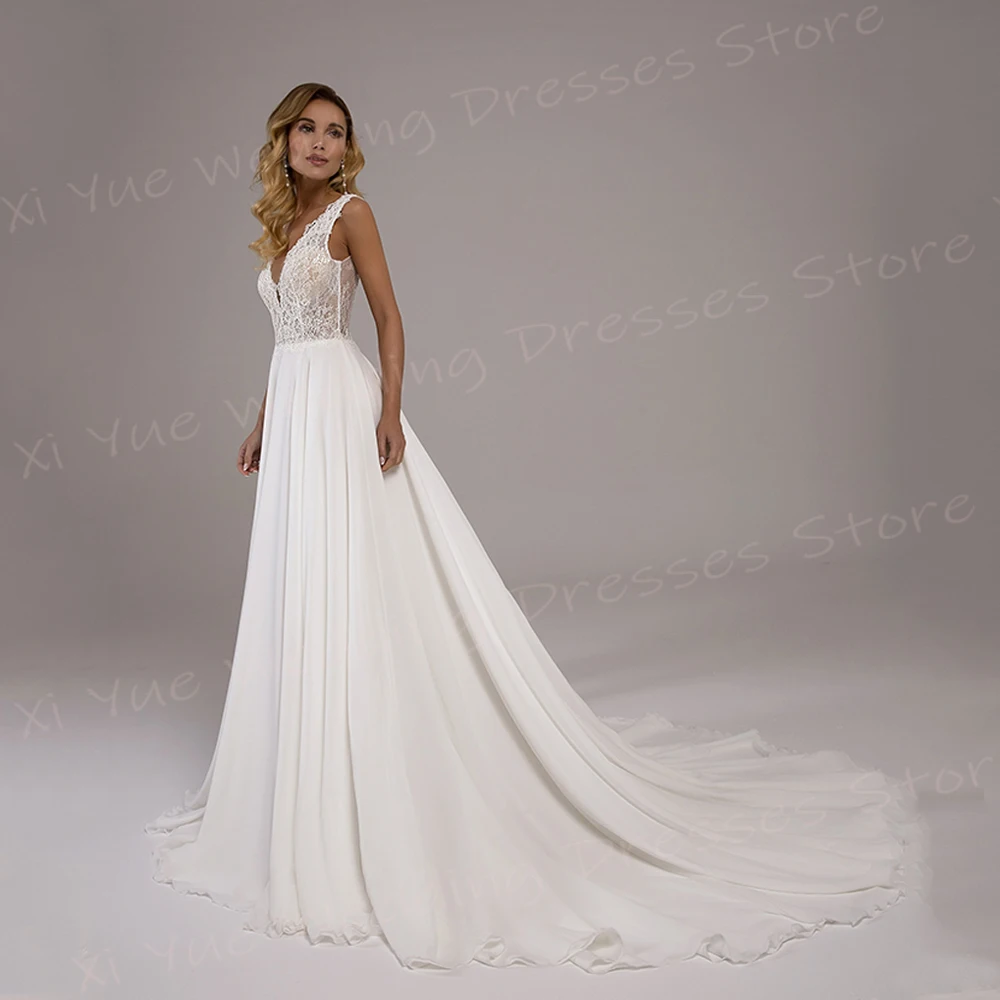 Beautiful A Line Women's Wedding Dresses Elegant Appliques Lace Bride Gowns Sexy V Neck Sleeveless Backless Vestido De Noivas