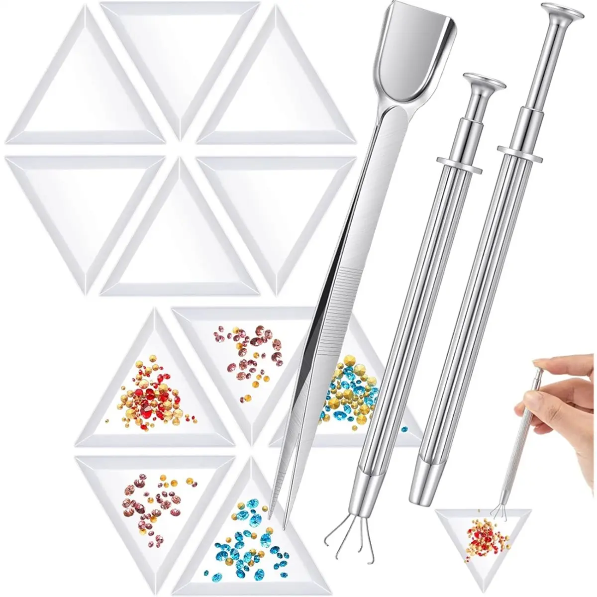 ABCD 20 Pieces Art Trays and 3 Pieces Bead Scoop Rhinestone Tweezers for Jewelry Making Gems Crystals Accessories and Tools B