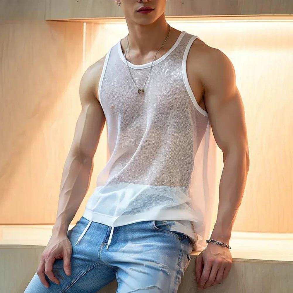 Men See-through Mesh T Shirt Crew Neck Tank Tops Sleeveless Vest Party Nightclub