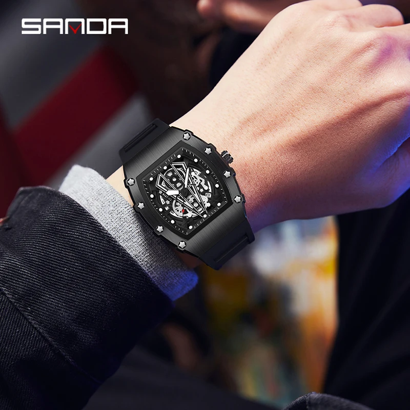 SANDA 7059 модные дизайнерские мужские кварцевые часы Tonneau, повседневные Роскошные деловые наручные часы с силиконовым ремешком, мужские часы