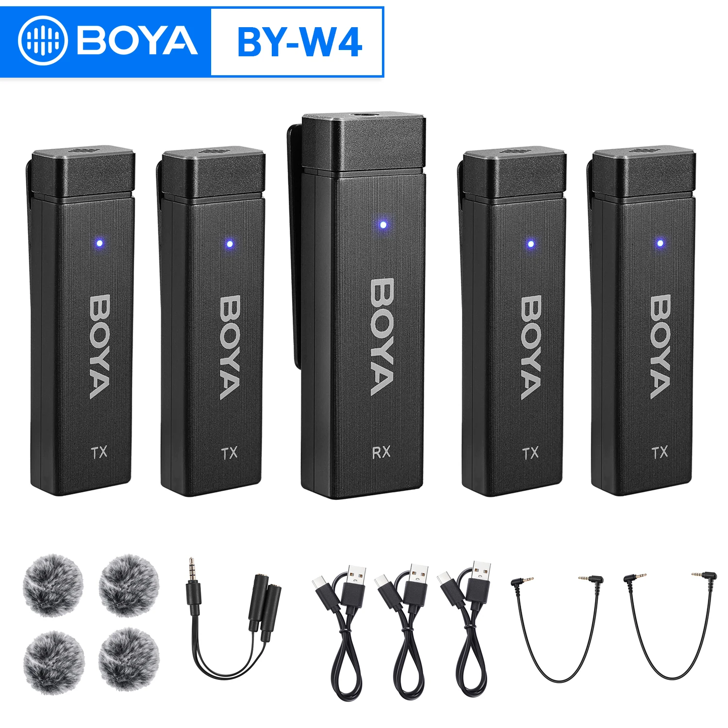 

BOYA BY-W4 Wireless Lavalier Lapel Microphone 4-Channel for Camera Samartphone iphone Podcast YouTube Streaming Recording Vlog