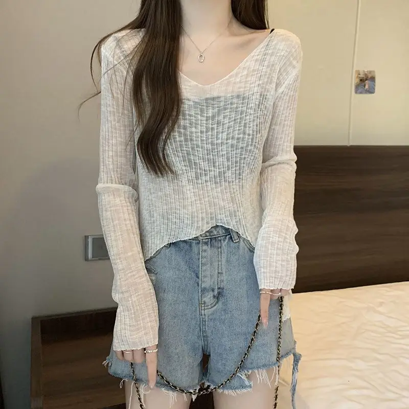 Knitted Thin T Shirt For Women Long Sleeve Sunscreen Solid Spring Summer Ropa De Mujer Korean Fashion Tank Tops