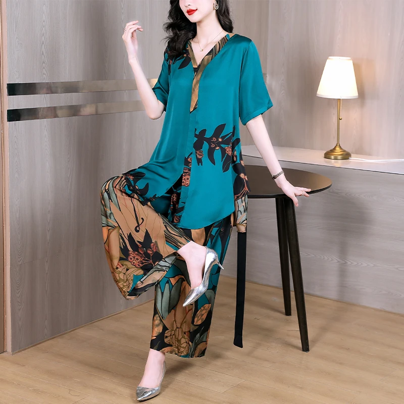 Women Floral Short Sleeve Cardigan Dress+Wide Leg Pants Two Piece Sets Korean Fashion Elegant Luxury Two Peice Dress Sets