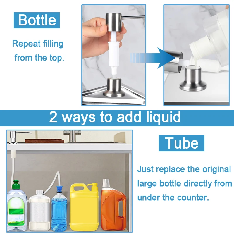 Kitchen Sink Soap Dispenser Pump Extension Tube Kit Under Countertop Refillable Large Capacity Liquid Bottle Stainless
